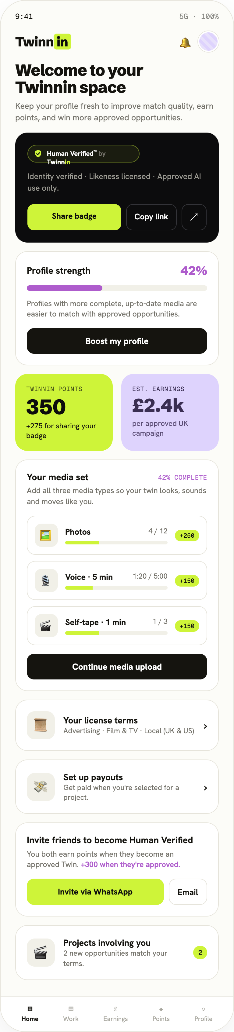 Twinnin app dashboard